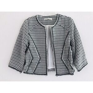 Odiva | Tweed Frayed Open Blazer Womens Size 4 Black 3/4 Sleeves Jewel Striped